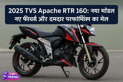 2025 TVS Apache RTR 160 in black and red color parked on road with bold Hindi headline about new model features and performance